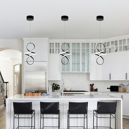 MAYNA Modern Spiral Led Chandelier, 4000K Pendant Light Kitchen Island, 18W Adjustable Height Island Light Fixture for Kitchen Bedroom Kitchen Island Cafe, 3 Pack (Black)