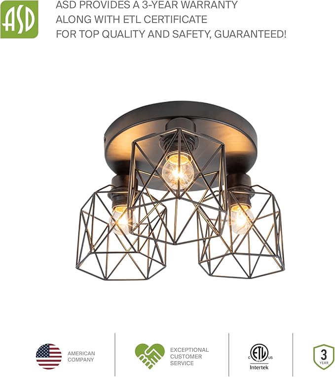 ASD Black Semi Flush Mount Ceiling Light Fixture - 3xE26 120V ETL Modern Light Fixtures Ceiling Mount, Semi Flush Mount Chandelier for Entryway, Bedroom, Foyer Lighting Fixtures