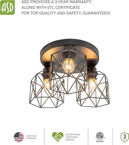 ASD Black Semi Flush Mount Ceiling Light Fixture - 3xE26 120V ETL Modern Light Fixtures Ceiling Mount, Semi Flush Mount Chandelier for Entryway, Bedroom, Foyer Lighting Fixtures