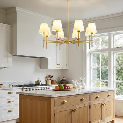 RUIYEY Dining Room Chandeliers Light - 8-Light Gold Modern Chandelier with Fabric Shade, Height Adjustable Mid Century Ceiling Lighting Fixture for Bedroom Kitchen Entryway Foyer