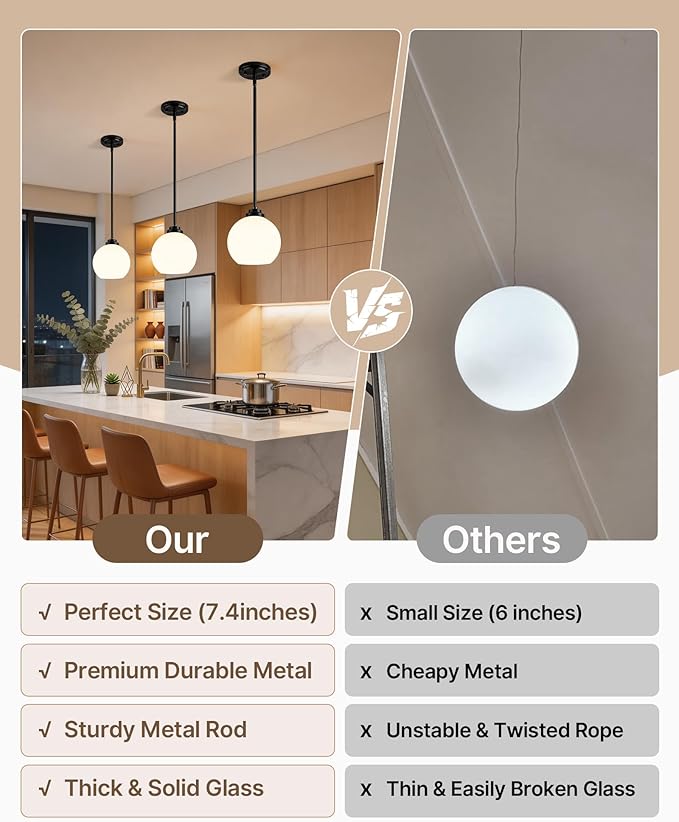 Majade Globe Pendant Lights Kitchen Island Pendant Light Fixtures 7.4 Inch Black Mid Century Modern Globe Pendant Lighting with Milk Glass Adjustable Hanging Light Fixtures for Dining Room living room