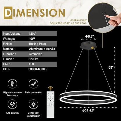Modern LED Ring Chandelier 1-Ring 23.6" Remote Control Ceiling Pendant Lighting Fixture for Dining Room Living Room Dimmable 40W Upward and Downward Lighting