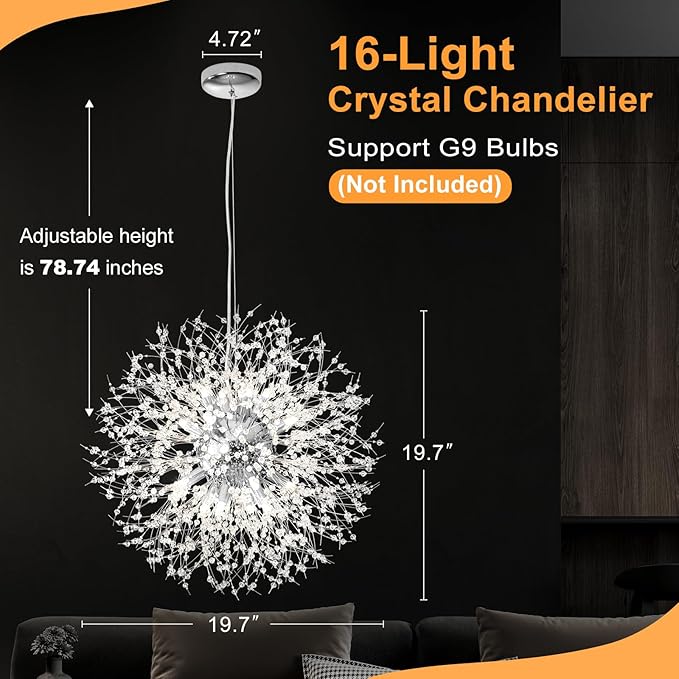 Yiisem Dandelion Crystal Chandeliers, 16-Light Chrome Modern Round Firework Pendant Lighting, Hanging Chandelier Light Fixtures for Dining Room Bedroom Living Room Kitchen Aisle Girls Room