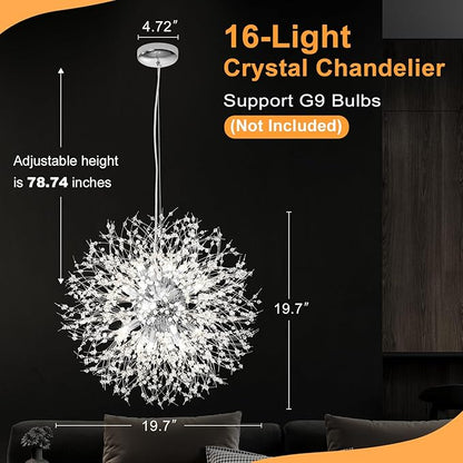 Yiisem Dandelion Crystal Chandeliers, 16-Light Chrome Modern Round Firework Pendant Lighting, Hanging Chandelier Light Fixtures for Dining Room Bedroom Living Room Kitchen Aisle Girls Room