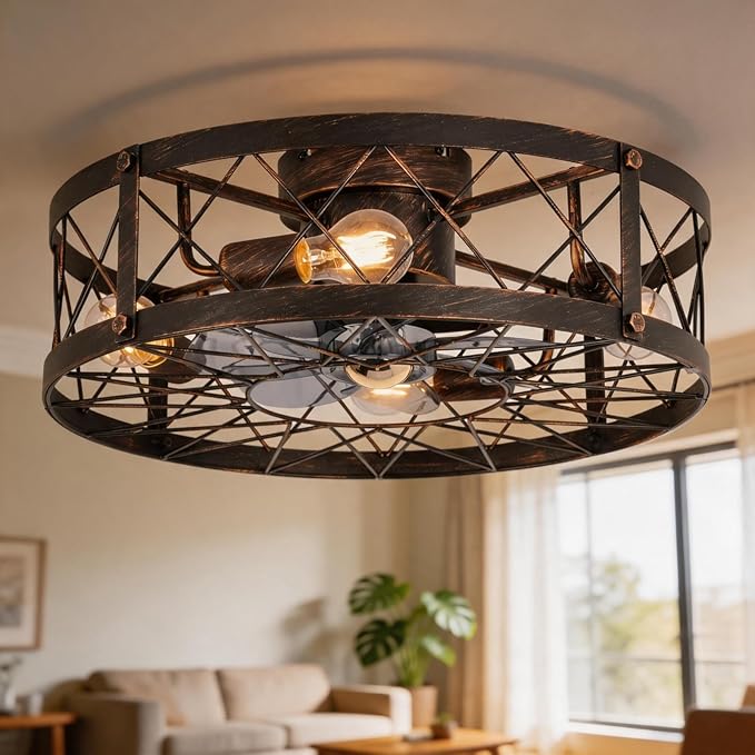 20" Farmhouse Flush Mount Caged Ceiling Fans with Lights, Rustic Low Profile Ceiling Fan with Remote, Quiet Reversible DC Motor Small Bladeless Enclosed Ceiling Fan for Bedroom Dining Room Kitchen
