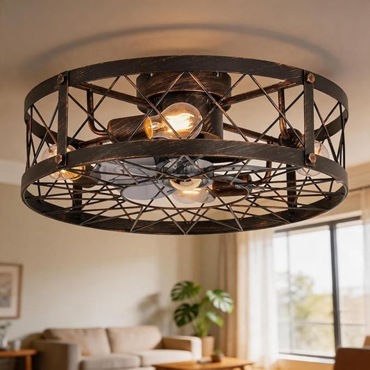 20" Farmhouse Flush Mount Caged Ceiling Fans with Lights, Rustic Low Profile Ceiling Fan with Remote, Quiet Reversible DC Motor Small Bladeless Enclosed Ceiling Fan for Bedroom Dining Room Kitchen