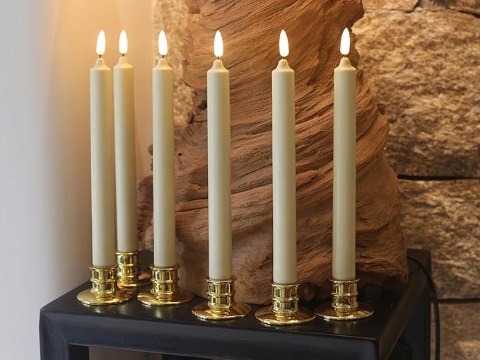 6 Pack Flameless Ivory real Wax Window Candles with 12 AA Batteries(Include, Run More Than 400 Hours) and Golden Candlebase, 10" Flickering Battery Operated LED Taper Windows Candles with Remote Timer
