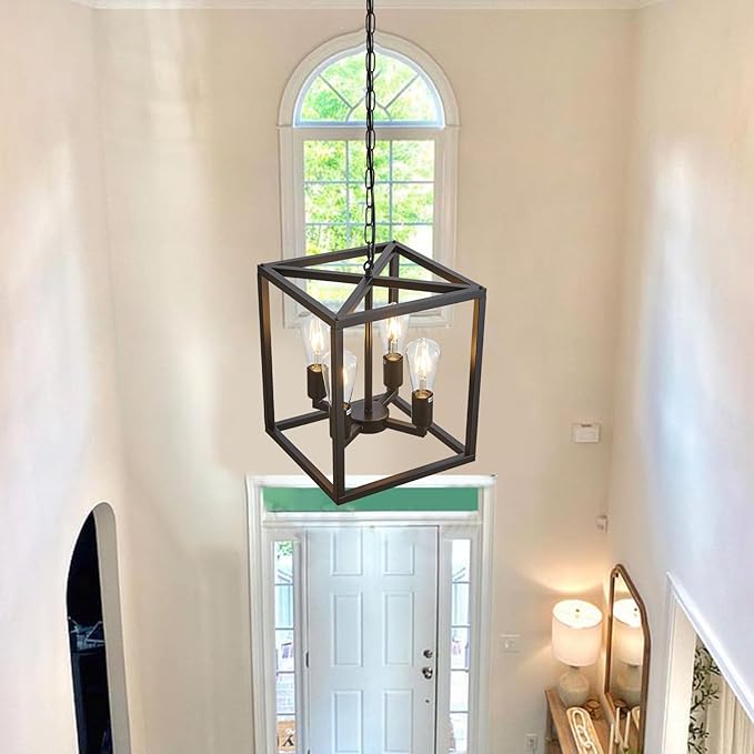 Lanhall 4-Light Farmhouse Chandelier Fixture Rustic Industrial Pendant Lighting Adjustable Height Metal Cage E26 Hanging Lights for Kitchen Island, Dining Room, Living Room, Bedroom, Foyer, Entry