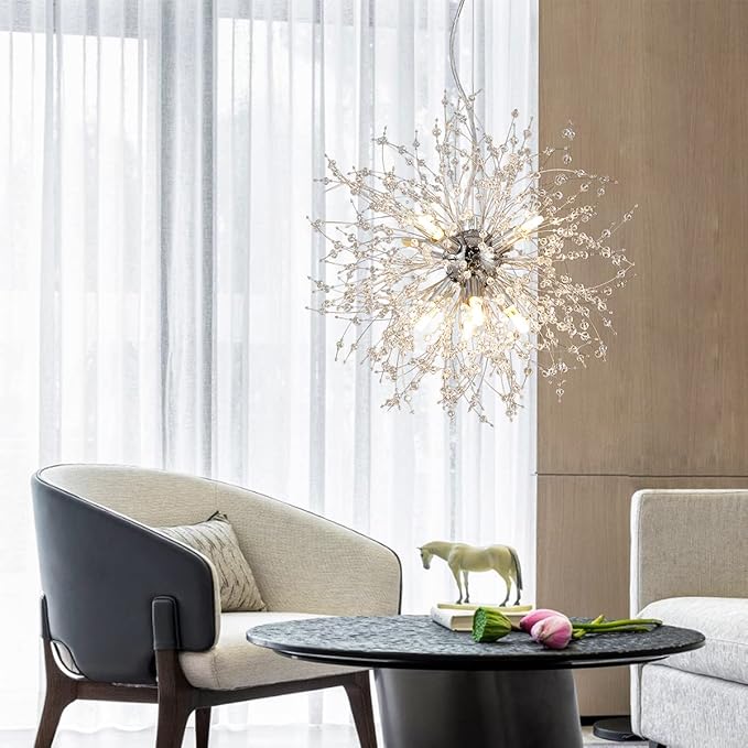 Dandelion Crystal Chandeliers, 8-Light Small Chrome Firework Pendant Lights, 15.7" Stainless Steel Sputnik Chandelier Light Fixture for Kitchen Island Bedroom