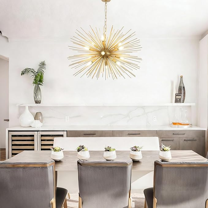 Modern 33.8in Gold Sputnik Chandeliers 12-Light Mid-Century Starburst Chandelier Light Fixture Solid Metal Satellite Large Chandelier for High Ceiling Dining Room Living Room Foyer E12