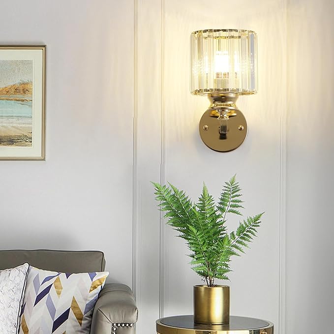 Hardwired Crystal Wall Sconces, Modern E27 Wall Lights, Gold Round Finish Wall Lamp for Living Room Bedroom Dining Room Hallway Entryway (Gold Round)
