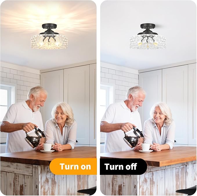 Daunton Black Semi Flush Mount Ceiling Light, 3-Light Ceiling Light with Hammered Glass, Vintage Hallway Lights, Closet Light Fixture, Kitchen Flush Ceiling Mount for Entryway Bedroom Bathroom,E12