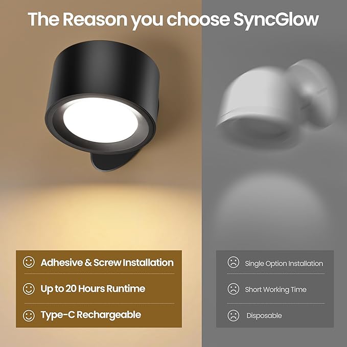 Wall Mounted Lamp LED Wall Lights with Rechargeable Battery Operated, 3 Color Temperatures & 3 Brightness Levels 360°Rotate Magnetic Ball, Cordless Sconces for Reading Bedroom Bedside,Black-2 Pack