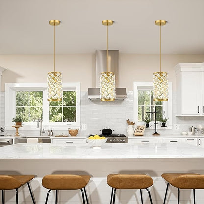Gold Crystal Pendant Lights Kitchen Island, Modern Mini Chandelier, Adjustable Hanging Ceiling Light Fixture for Kitchen Dining Room Bedroom Foyer Bar (Gold, 1 Pack)
