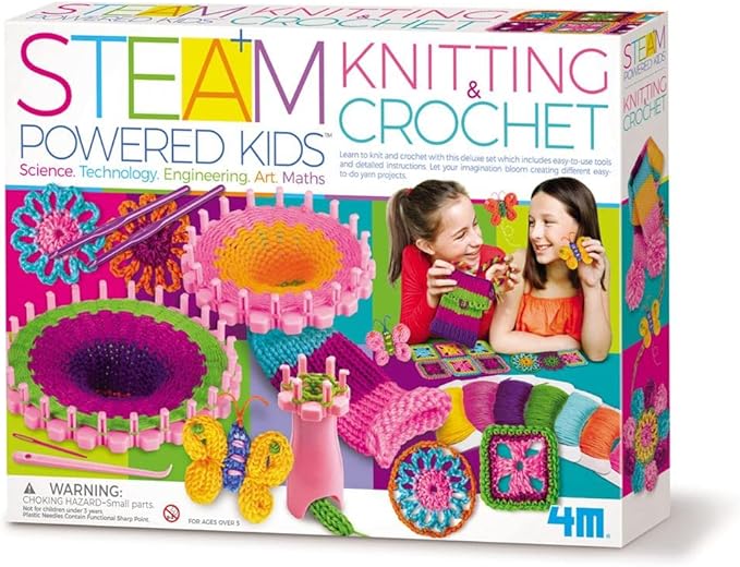 4M Knitting & Crochet Kit for Kids Ages 8-12 – Learn to Knit with French Knitting Reel, Crochet Hooks, Yarn, Scarf & Handbag Projects, Beginner Craft Set for Girls and Boys, STEM Arts & Crafts Gift