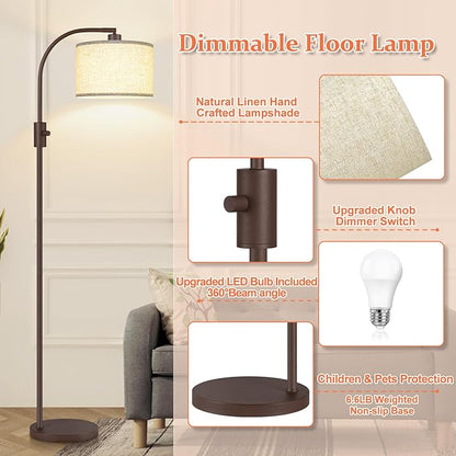 Nintiue Upgraded Modern Arc Dimmable Tall Standing Floor Lamp with Linen Shade, 1200 Lumens LED Bulb Included, for Living & Reading Room, Bedroom, Office & Nursery, Matte Brown