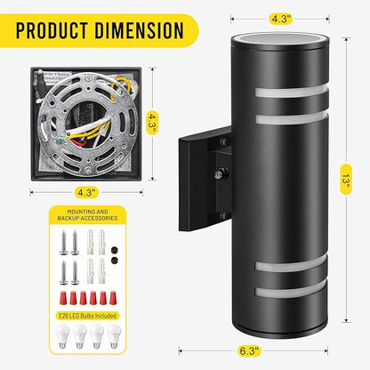 Outdoor Wall Lights 2 Pack, Dusk to Dawn Exterior Wall Light Fixtures, IP65 Waterproof Porch Lights Outdoor, Modern Black E26 Wall Sconce with LED Bulbs Included, 13 Inch (2, Black)