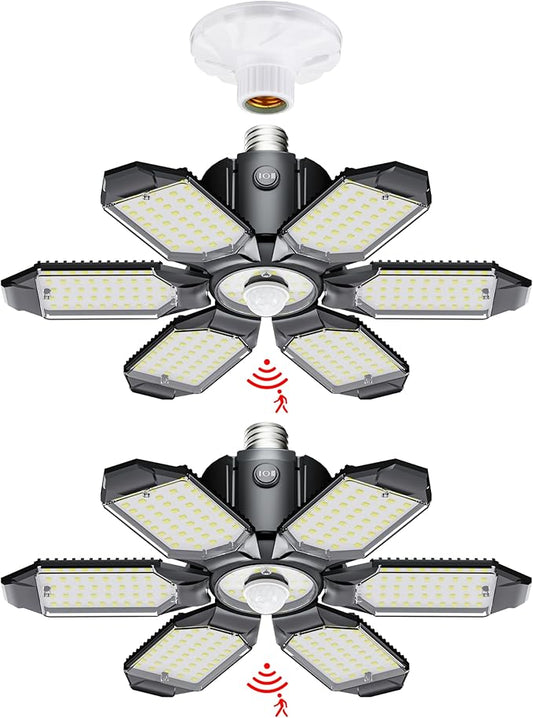 LED Garage Light Motion Sensor - 200W Deformable Garage Lights Ceiling LED, 20000LM Shop Lights Motion Activated, Motion Sensor Light Indoor for Garage, Workshop, Basement,Barn (2 Pack)
