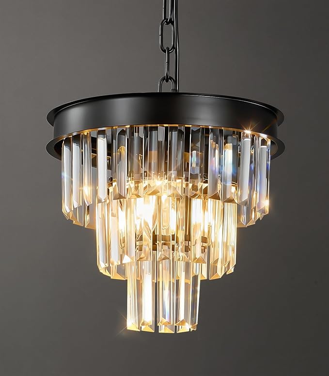 Modern Crystal Chandeliers For Dining Room: 12" Black Small Luxury Hanging Pendant Light Fixture Over Table - 3 Tiers Mini Round Chandelier For Kitchen Island Bedroom Entryway Foyer Closet 4 Lights