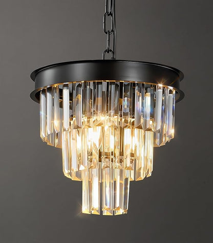 Modern Crystal Chandeliers For Dining Room: 12" Black Small Luxury Hanging Pendant Light Fixture Over Table - 3 Tiers Mini Round Chandelier For Kitchen Island Bedroom Entryway Foyer Closet 4 Lights