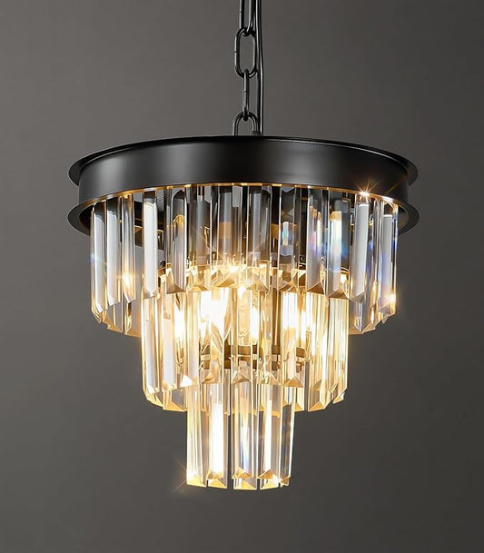 Modern Crystal Chandeliers For Dining Room: 12" Black Small Luxury Hanging Pendant Light Fixture Over Table - 3 Tiers Mini Round Chandelier For Kitchen Island Bedroom Entryway Foyer Closet 4 Lights