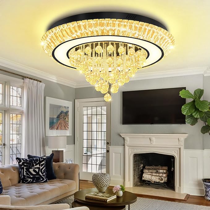 32in Black Crystal Raindrop Chandelier Crystal Flush Mount Ceiling Light Modern Led Luxury Chandelier,Raindrop Chandeliers for Dining Room, Living Room