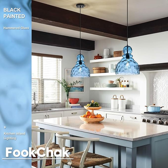 Coastal Pendant Light Blue Hammered Glass Kitchen Island Lights 12in Large Pendant Hanging Light for Dining Room Kitchen Sink Hallway Entrance, E26