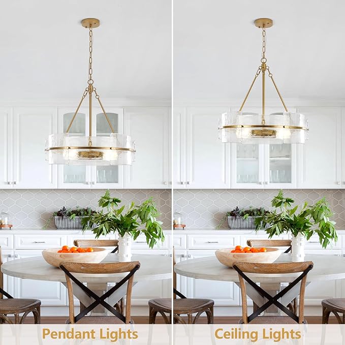 Modern Dining Room Chandelier, 22 inch Gold Textured Glass Drum Chandelier Luxury Crystal Hanging Lighting for Living Room Foyer Kitchen Island Bedroom