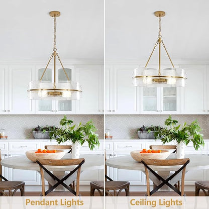 Modern Dining Room Chandelier, 22 inch Gold Textured Glass Drum Chandelier Luxury Crystal Hanging Lighting for Living Room Foyer Kitchen Island Bedroom