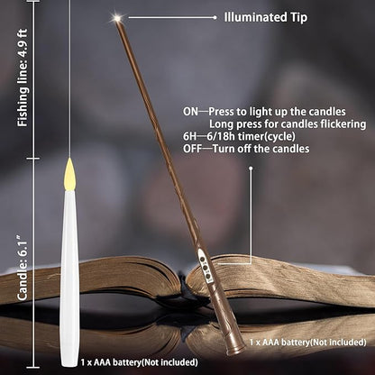 LUSHARBOR Floating Candles with Wand, 10 Pack Halloween Flameless Candles Battery Operated LED Taper Hanging Electric Candle for Christmas Halloween Birthday Party Decor 6.1in