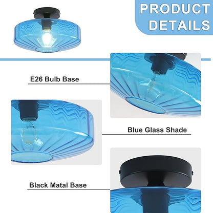 Blue Glass Ceiling Light, 11.8 Inches Mid Century Semi Flush Mount Ceiling Light Retro Small Chandelier Glass Overhead Lighting for Girl's Room Kids Room Nursery Bedroom Closet Hallway E26