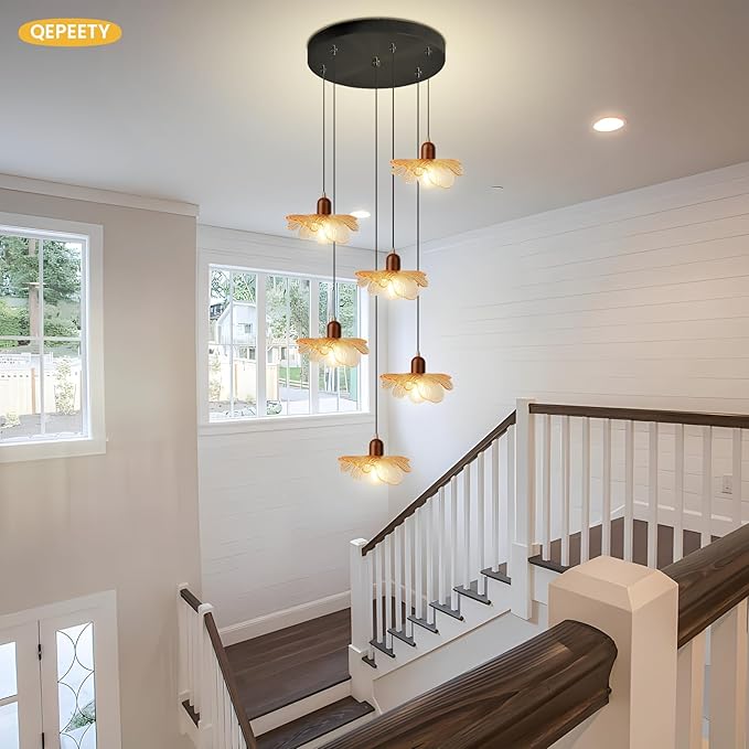 Modern Large Foyer Chandelier High Ceiling Light Fixture, 6-Lights Pendant Light Amber Glass Shade Solid Wood Decor Adjustable Black Hanging Ceiling Lamp for Living Room Bedroom Entryway