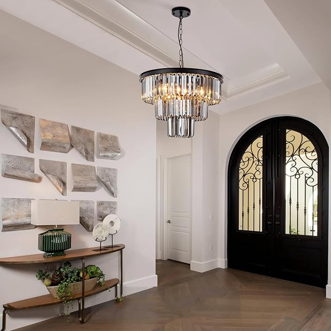 8 Light Black Crystal Chandelier 20'' Luxury Smoke Modern Dining Room Light Fixture 3-Tier Round Hanging Pendant Ceiling Lighting for Entryway Foyer Living Room Adjustable Height E12