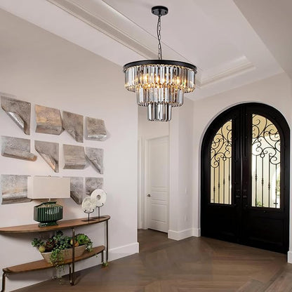 8 Light Black Crystal Chandelier 20'' Luxury Smoke Modern Dining Room Light Fixture 3-Tier Round Hanging Pendant Ceiling Lighting for Entryway Foyer Living Room Adjustable Height E12
