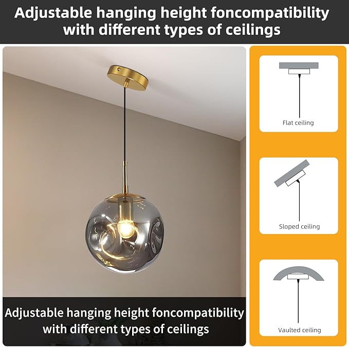 Modern Smoke Gray Concave Glass Pendant Light, Kitchen Island Lighting Single Globe Pendant Light Fixtures Century Kitchen Island Pendant Lighting for Bedroom Living Dining Room Light （Without Bulb）