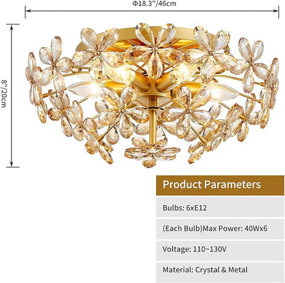 Modern K9 Crystal Chandeliers, Chic Style Close to Ceiling Light Fixture for Living Room, Bedroom, Dining Room, D18 x H8 in, Champagne Flower Crystal & Gold Finish Frame