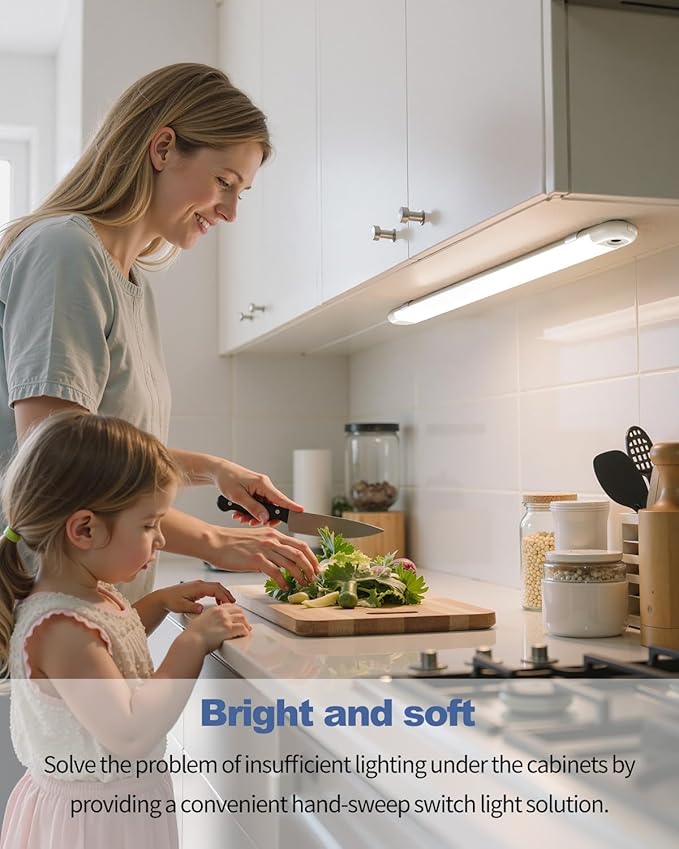 MYPLUS 24" Under Cabinet Lighting, 2pcs Hand Wave Sensor Under Counter Lights for Kitchen, 600LM Bright LED, 5 Color Temps, Dimmable Under Cabinet Lights Plug in for Desk,Sink,Workbench