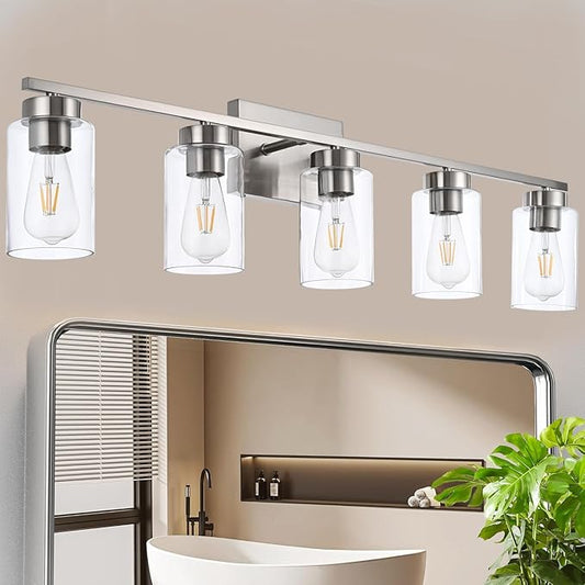 5 Light Bathroom Vanity Light Fixtures, Brush Nickel Modern Wall Lights with Clear Glass Shade, Vintage Wall Sconce Lighting for Living Room, Mirror, Bedroom, Hallway (Nickel, 5-Lights)