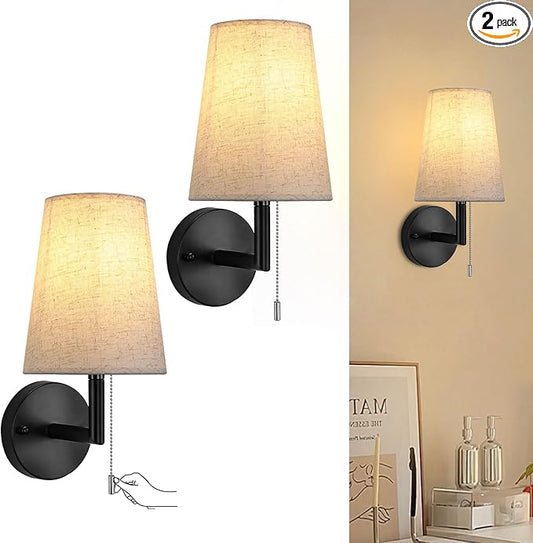 Lightess Pull Chain Light Fixture Wall, Indoor Wall Sconces Set of 2, Vintage Wall Lamps with White Fabric Shade for Bedroom Living Room Corridor