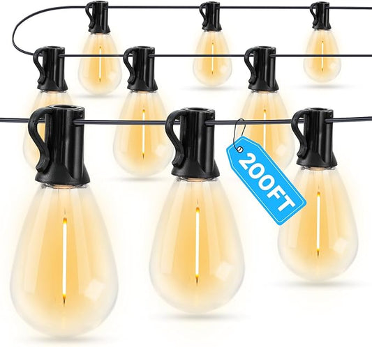 GvvooHome LED Outdoor String Lights, 200FT Waterproof Patio Lights with 62 Shatterproof S11 Plastic Bulbs, 2700K Warm White Edison Hanging Lights for Backyard, Garden, Porch, Bistro
