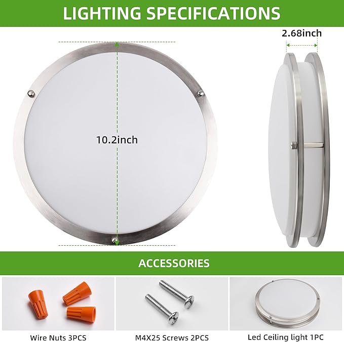 Hlite 10inch Flush Mount Ceiling Light, 24W 1800LM Super Bright LED Ceiling Light Fixture, 5000K Daylight White Low Profile Ceiling Light for Hallway Bathroom Bedroom Kitchen, Nickel