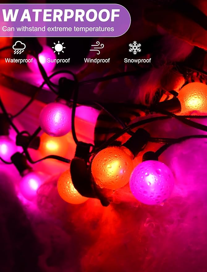 50ft Halloween Outdoor String Lights, G40 LED Halloween Globe Lights with 27 Frosted Orange and Purple Bulbs(2 Spare) for Outdoor Indoor Patio Yard Roofline Decorations, E12 Socket, Black Wire
