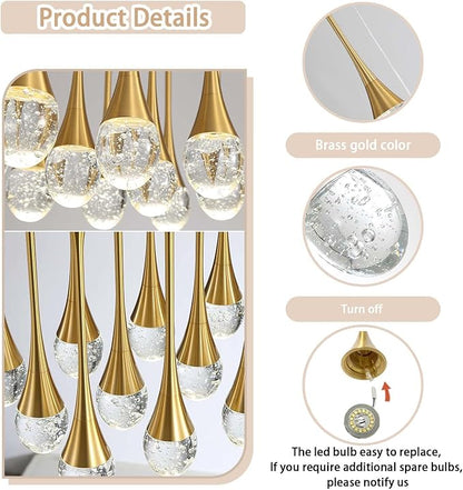 ykolupty Rectangular Chandeliers for Entryway Gold Dining Room Lights Fixture Raindrop Crystal Chandelier for Staircase Hallway Foyer