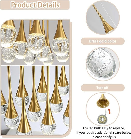 ykolupty Rectangular Chandeliers for Entryway Gold Dining Room Lights Fixture Raindrop Crystal Chandelier for Staircase Hallway Foyer