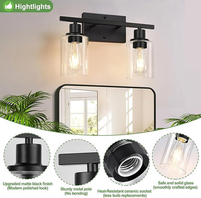 Indoi Matte Black 2-Light Bathroom Vanity Light with Clear Glass Shades — Modern Bathroom Light Fixtures & Vanity Lights for Mirror