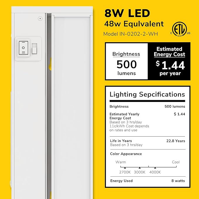 GETINLIGHT 18-inch Swivel LED Under Cabinet Lights, Glass Lens, Selectable White 2700K/4000K/5000K, Dimmable with Wall Dimmers, White Finish, IN-0202-2-WH