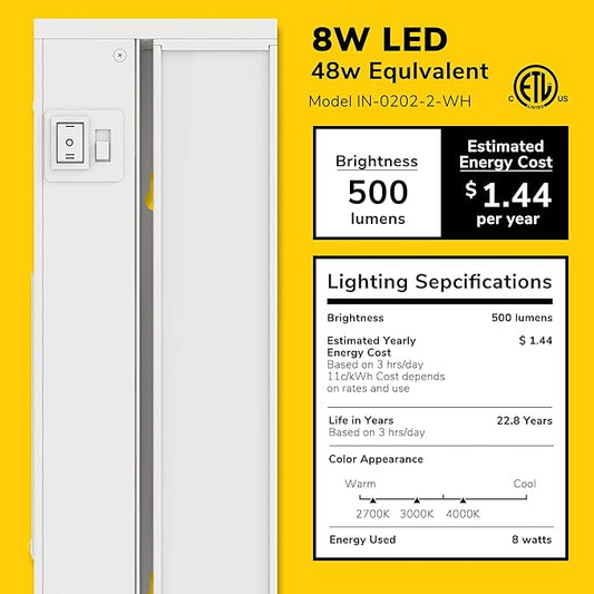 GETINLIGHT 18-inch Swivel LED Under Cabinet Lights, Glass Lens, Selectable White 2700K/4000K/5000K, Dimmable with Wall Dimmers, White Finish, IN-0202-2-WH