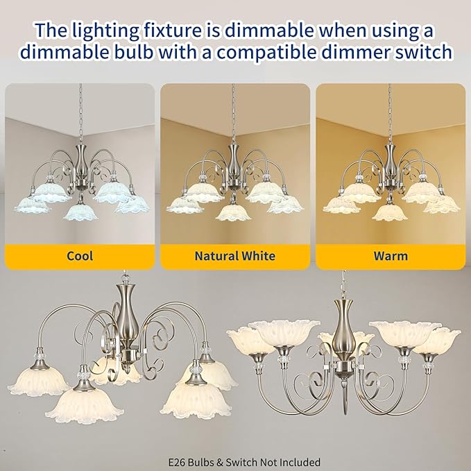 5-Light Chandeliers in Brushed Nickel Finish with White Glass Shades, Brushed Nickel Chandelier Light for Dining Room,Hallway,Kitchen