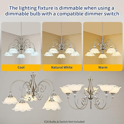 5-Light Chandeliers in Brushed Nickel Finish with White Glass Shades, Brushed Nickel Chandelier Light for Dining Room,Hallway,Kitchen