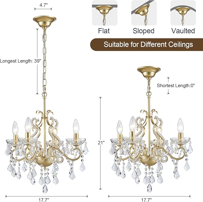 Mini Crystal Chandelier, Modern K9 Crystal Chandeliers for Dining Room, 4-Lights Gold Pendant Ceiling Light Fixture for Entryway Kitchen Island Bathroom Bedroom Living Room, H 21" x W 17.7"